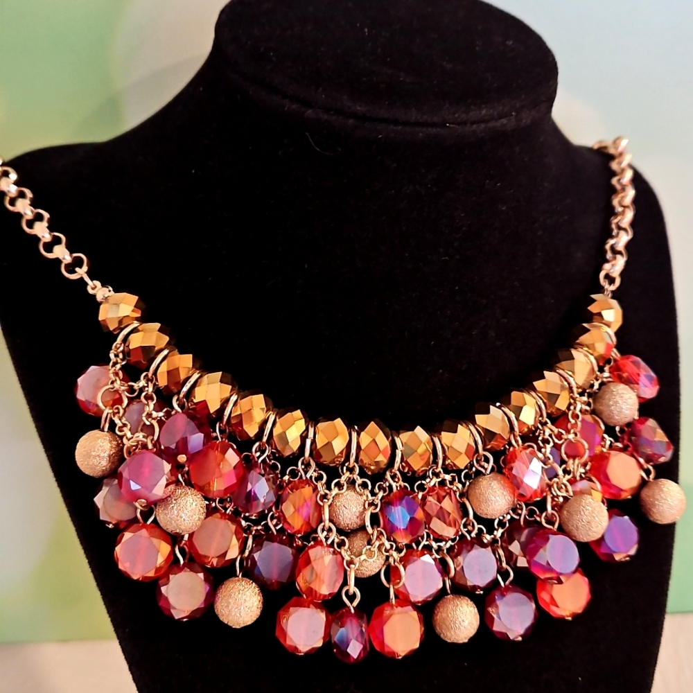 Gold Purple Red Aurora Borealis Crystals Gold Tone Beaded Necklace